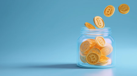 Digital coins cascade into a clear jar, illustrating active growth in digital savings and crypto investment. Bright blue background enhances minimalist design. Concept of finance, investment, savings.の素材