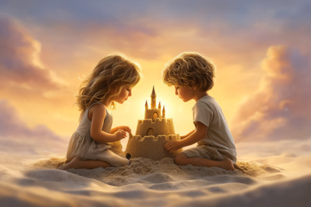 Children construct intricate sandcastle with towers and details during sunset on beach. Warm golden hues illuminate joyful faces. Concept of childhood, creativity, family bonding.の素材