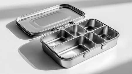 Stainless steel lunchbox features multiple compartments for organized meal prep. Clean minimalist design on bright surface creates fresh kitchen aesthetic.の素材