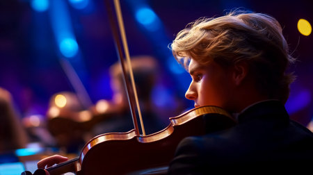 Young musician plays violin with concentration during orchestral performance. Intimate atmosphere in concert hall with soft lighting. Concept of music education, performance arts, classical music.の素材