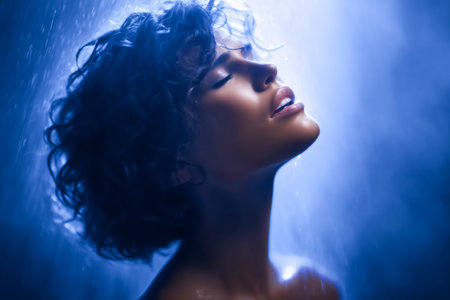 Woman with curly hair enjoys refreshing water cascading over her face. Soft blue light enhances tranquil atmosphere. Concept of relaxation, wellness, beauty care.の素材