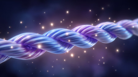 Wires intertwine and transform into a clean glowing cable, creating a visual metaphor for communication clarity. Soft gradient backdrop enhances glowing effect.の素材