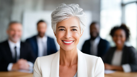 Businesswoman smiling warmly at camera, seated at a contemporary office table with colleagues in background. Bright and professional environment. Concept of corporate culture, teamwork, leadership.の素材