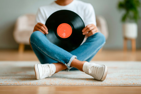 Individual holds vinyl record while sitting cross-legged on soft rug. Comfortable room features modern decor and inviting ambiance. Concept of music appreciation, relaxation, home decor.の素材