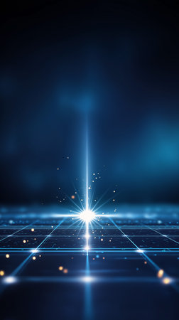 Light burst centers a clean digital grid on deep navy blue backdrop, creating a sense of depth and innovation. Concept of software, cybersecurity, AI solutions.の素材