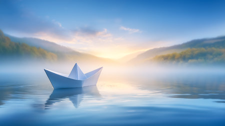 Paper boat floats gently on calm lake surface reflecting dawn light. Misty mountains create a peaceful atmosphere. Concept of creativity, inspiration, calming nature, and mindfulness.の素材