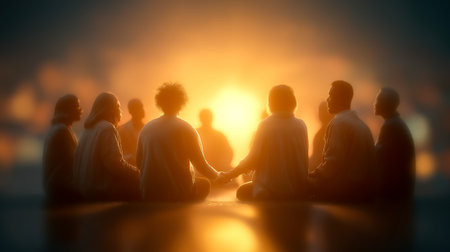Individuals meditating in a circle holding hands while focusing on a glowing sunset. Warm, serene atmosphere creates a calming environment. Concept of mindfulness, wellness, community support.の素材
