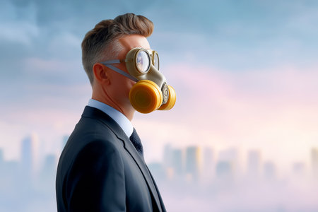 Businessman wearing gas mask gazes into the distance amidst urban haze. Dressed in formal suit, the scene highlights air quality issues in modern cities.の素材