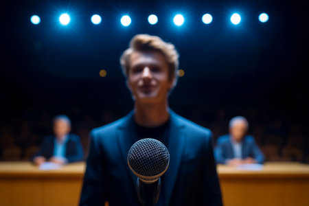 Presenter stands confidently at microphone in bright spotlight. Focused setting with blurred audience members in darkened room. Concept of public speaking, events, communication.の素材