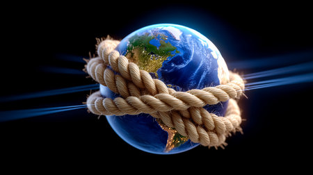 Earth encircled by natural rope illustrating themes of connection and sustainability. Dark background creates striking contrast highlighting planet's beauty.の素材
