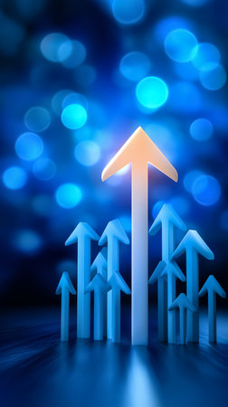 Glowing upward arrow formed by smaller arrows signifies unified growth and team success. Blue gradient lighting creates dynamic corporate environment.の素材
