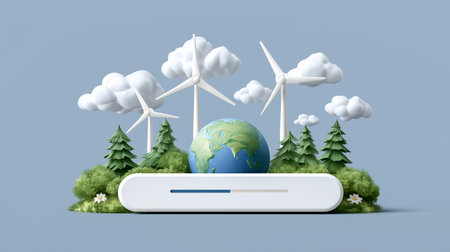Globe with greenery surrounded by wind turbines and fluffy clouds. Clean blue background emphasizes eco-friendly theme. Concept of sustainability, clean energy, environmental awareness.の素材