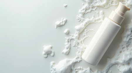 Skincare product resting on smooth white surface with creamy textures and splashes surrounding it. Clean and minimalistic aesthetic suitable for branding. Concept of beauty, wellness, skincare.の素材