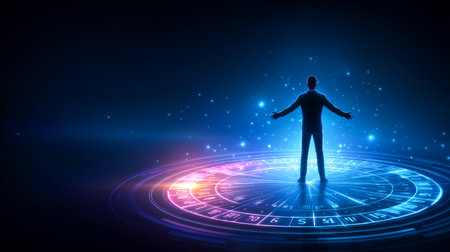 Silhouette of person stands with arms wide open before spinning wheel filled with business icons. Dark vignette adds a sense of unpredictability.の素材