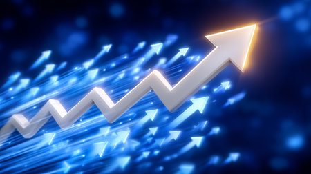Glowing upward arrow composed of smaller arrows indicating dynamic progress and collaboration. Corporate blue palette with gradient lighting emphasizes teamwork and success.の素材
