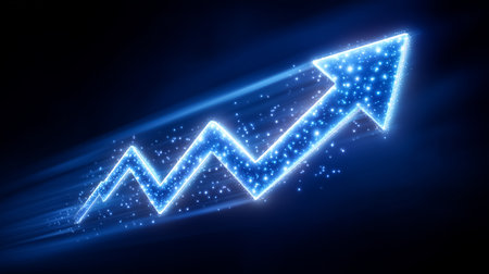 Illustration of glowing upward arrow made of smaller arrows signaling collective progress and teamwork. Blue gradient lighting creates a vibrant atmosphere.の素材