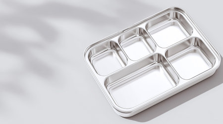 Stainless steel lunchbox with multiple compartments placed on a smooth grey surface. Clean design highlights organization and hygiene. Concept of meal prep, healthy eating, food storage.の素材