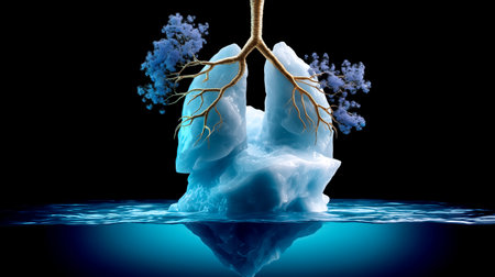 Iceberg rises from deep water with roots and blue plants emerging from it. Dark background highlights unique blend of nature and climate.の素材