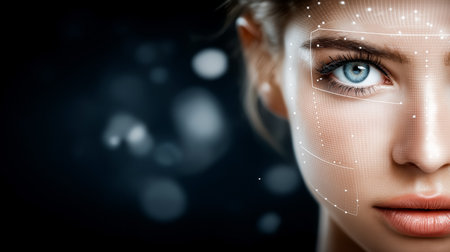 Young woman with striking blue eye gazes intensely while digital facial mapping patterns illuminate her features. Dark background emphasizes modern technology.の素材