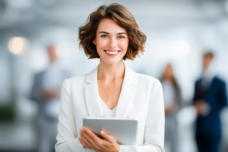 Woman smiles while holding tablet in bright modern office. Colleagues engage in conversation behind her, creating a collaborative atmosphere. Concept of business, teamwork, professionalism.の素材