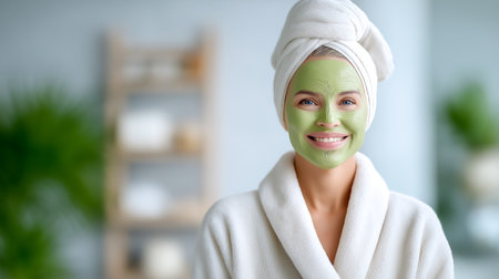 Woman smiling with green facial mask in serene spa atmosphere. Soft-toweled hair emphasizes beauty and self-care. Bright, well-lit room with plants promotes relaxation.の素材