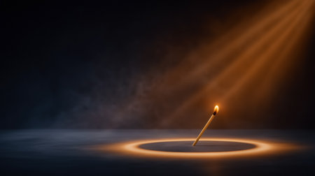 Matchstick stands alone, glowing brightly in dark setting with soft smoke surrounding it. Subtle light beams illuminate the space. Concept of fire safety, igniting inspiration, dramatic visuals.の素材