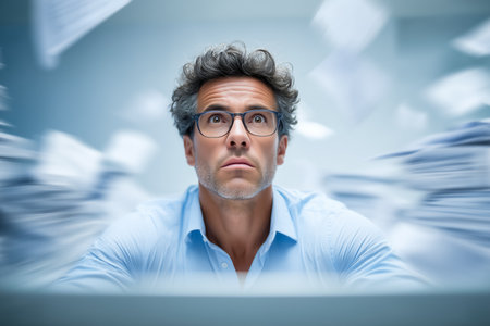 Man looks up with a focused expression surrounded by a whirlwind of papers in a sleek office space. Bright lighting emphasizes the chaotic atmosphere.の素材