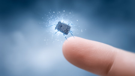 Finger gently touches microprocessor chip emitting glowing particles. Abstract technology background enhancing concept of innovation and digital advancement.の素材