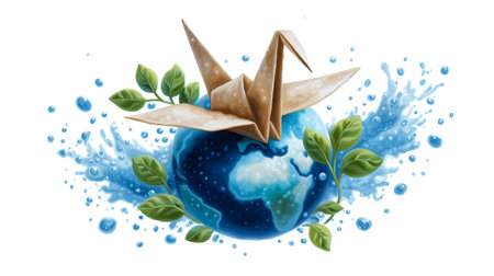 Origami crane gracefully perched on globe surrounded by splashing water and lush leaves. Bright design symbolizing harmony between nature and art.の素材