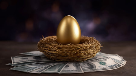 Golden egg sits in nest crafted from dollar bills. Soft dramatic lighting enhances elegant tone with dark vignette. Concept of finance, investment strategies, wealth management.の素材