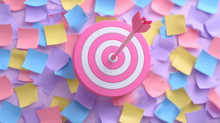 Colorful target with arrow positioned on top of circular design. Surrounded by vibrant sticky notes in pastel colors. Concept of goal-setting, project planning, creativity in office spaces.の素材