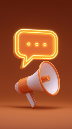 Glowing speech bubble rises from bright megaphone symbolizing public messaging. Clean orange background enhances visual impact. Concept for marketing, communication, advertising.の素材