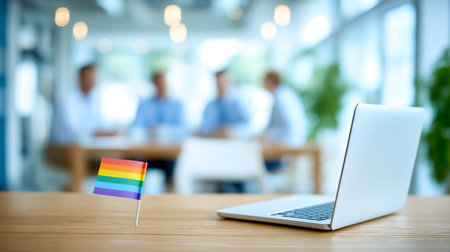 Rainbow flag stands on wooden desk next to open laptop in contemporary office. Bright and inviting workspace fosters a sense of community and support.の素材