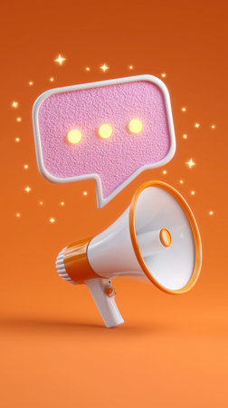 Glowing speech bubble appears from megaphone, enhancing communication impact with vibrant colors. Clean editorial layout on warm background. Concept of marketing, public relations, advertising.の素材