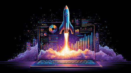 Rocket takes off from open laptop, surrounded by vibrant visual data charts and graphics. Dark backdrop enhances energetic atmosphere of tech innovation.の素材