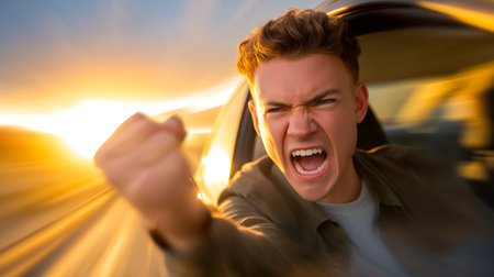 Young man with raised fist yells angrily from car window during high-speed ride. Warm sunset colors create dramatic atmosphere. Concept of automotive, adventure, emotional expression.の素材
