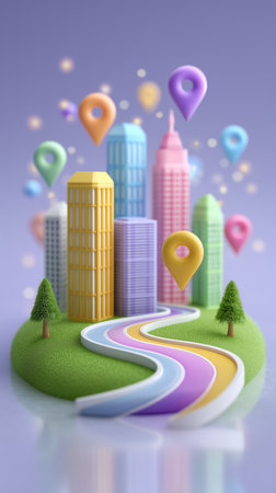 Colorful cityscape created from 3D modeling with green curved road leading through buildings. Playful pastel tones enhance visual appeal. Concept of urban planning, real estate, digital marketing.の素材