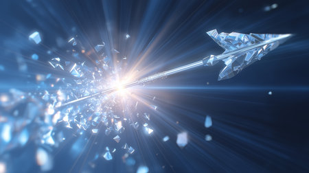 Arrow pierces glass ceiling with radiant shards exploding outward. Dark background enhances light burst from center, symbolizing overcoming barriers.の素材