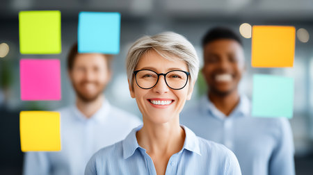 Woman smiles while looking at camera amid vibrant sticky notes in modern office. Colleagues in background creating collaborative atmosphere. Concept of teamwork, innovation, office culture.の素材