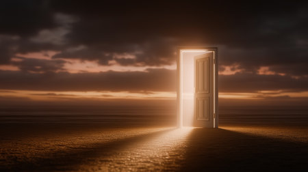 Door stands ajar, casting warm light onto barren landscape at dusk. Golden hues contrast against dark storm clouds. Concept of hope, opportunity, transformations.の素材