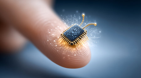 Finger makes contact with microchip glowing with energy, symbolizing advanced technology and digital innovation. Clean, modern backdrop enhances focus.の素材