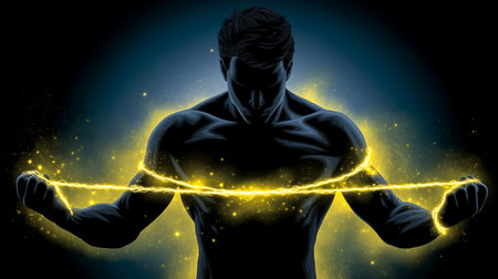 A muscular figure controls bright, glowing energy strands with focused intent in a dramatic, dark setting. Concept of strength, energy manipulation, artistic expression.の素材