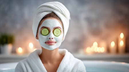 Woman sits peacefully in spa with green facial mask and cucumber slices over eyes. Relaxing ambiance created by soft candlelight and calm decor. Concept of beauty, skincare, wellness.の素材