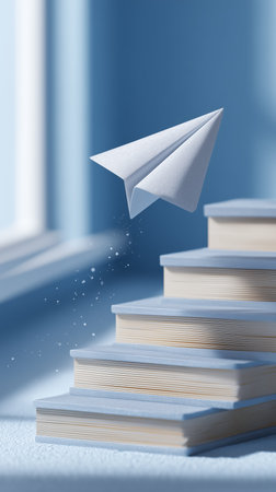 Paper airplane soars gracefully above stylish wooden steps illuminated by soft natural light. Tranquil blue backdrop adds a calming ambiance. Concept of creativity, education, design.の素材