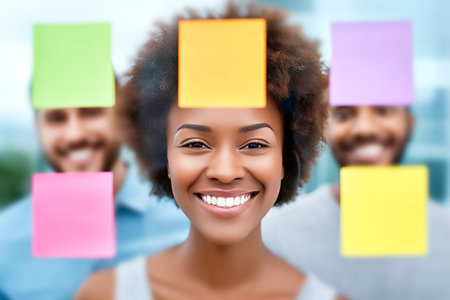 Smiling woman looking at camera with bright expression. Colorful sticky notes on glass surface. Modern office setting with team members engaged in activity.の素材