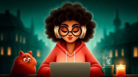 Woman with curly hair works on laptop in cozy indoor setting, wearing headphones. Relaxing atmosphere with warm light from candle and steam from coffee cup.の素材