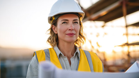 Woman in safety vest and hard hat reviews blueprints with focused expression. Construction site at sunset, warm light illuminating surroundings. Concept of construction, project management, teamwork.の素材