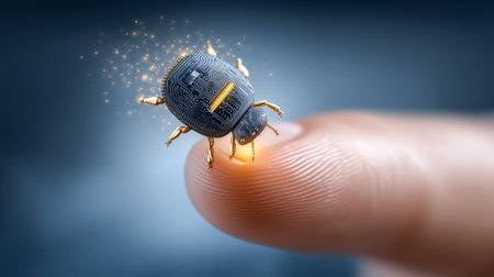 Innovative robotic insect stands on fingertip, glimmering with electronic details. Close-up setting emphasizes intricate design and concept of technology.の素材
