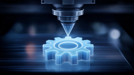 3D printed gear forms under bright nozzle in moody factory lighting. Modern manufacturing setting with minimal mechanical detail. Concept of innovation, engineering, technology.の素材