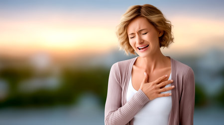 Woman shows signs of emotional pain while holding her chest, with a soft sunset backdrop creating a serene atmosphere. Concept of mental health, emotional support, counseling services.の素材